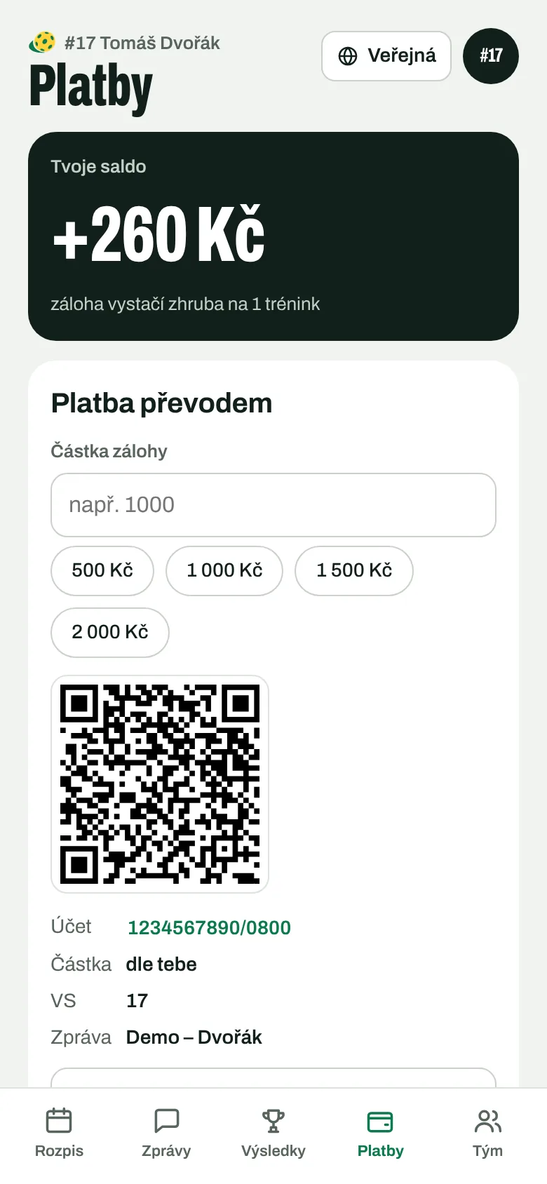 Saldo hráče +260 Kč a QR kód pro zálohu